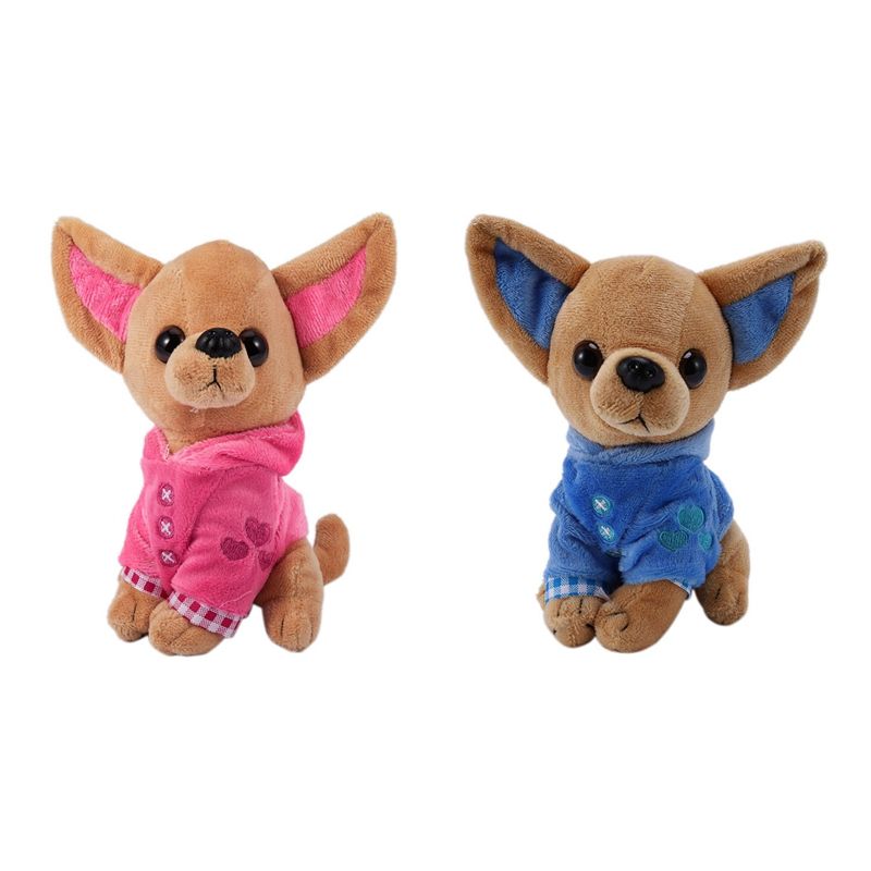2 Pcs 17cm Chihuahua Puppy Kids Toy Kawaii Simulation Animal Doll Birthday Gift for Dog Plush Toy, Rose Red & Blue