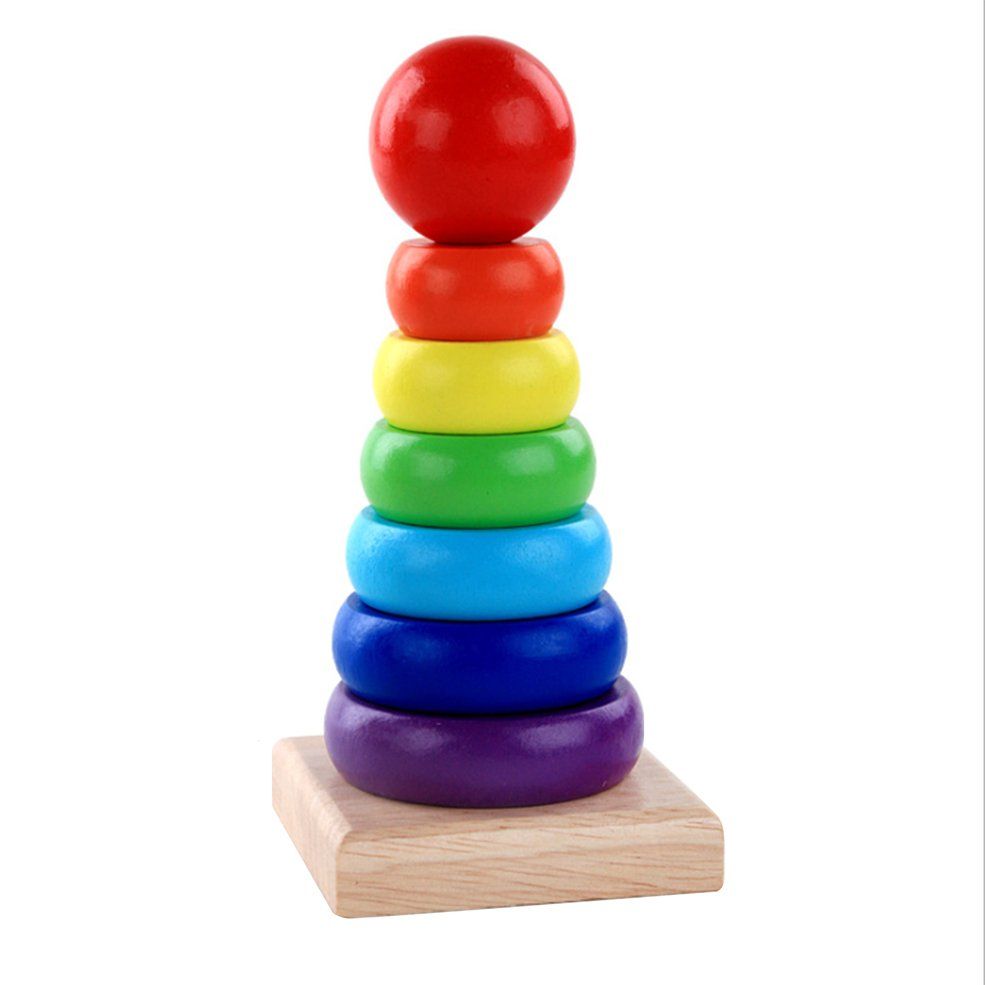 1pcs Wooden toddler educational toys Neutral wood Wooden seven-color tower Rainbow tower Stacks of building blocks-colorful