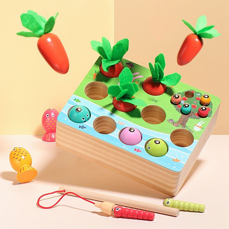 Carrots Harvest Catching Worms Fishing Game Wooden Sorting Toys for Toddlers for Preschool Kids 3 Years Old B