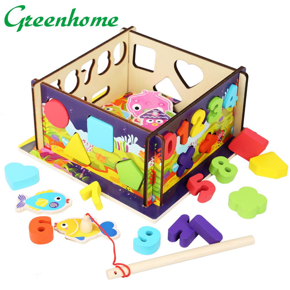 Greenhome 2 in 1 Wooden Geometric Number Puzzle Match Count Fishing Game Education Kid Toy