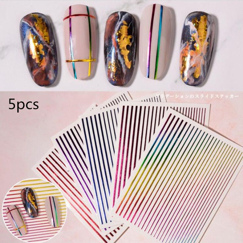 1sheet/5sheets Striped Colorful Lines 3D Nail Art Sticker Adhesive Decal Japanese Nail Accessories For Nail Decorations Set