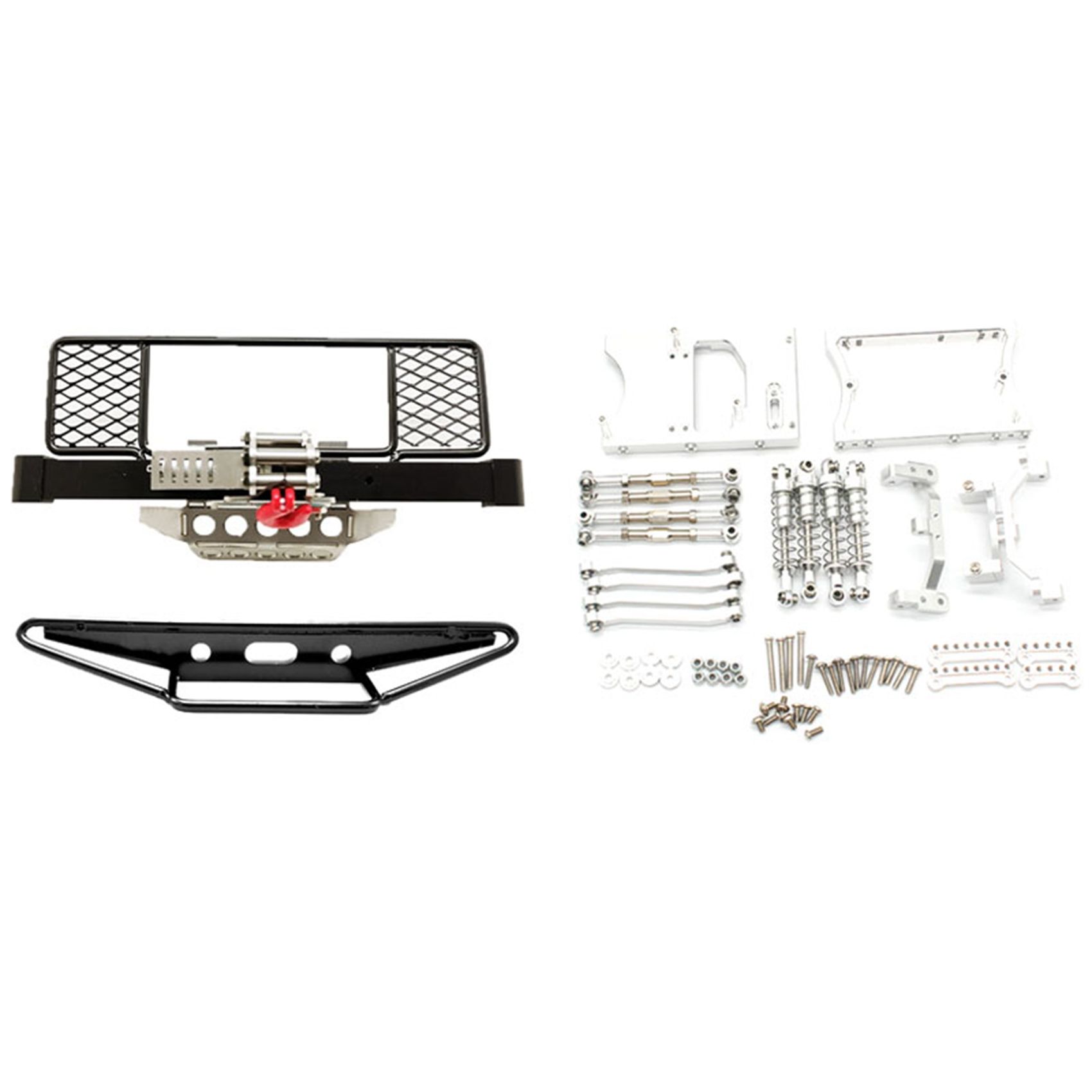 2 Set RC Car Parts: 1 Set Chassis Pull Rods Mount Bracket Shock Absorber & 1 Set Front Rear Bumper Protection Board