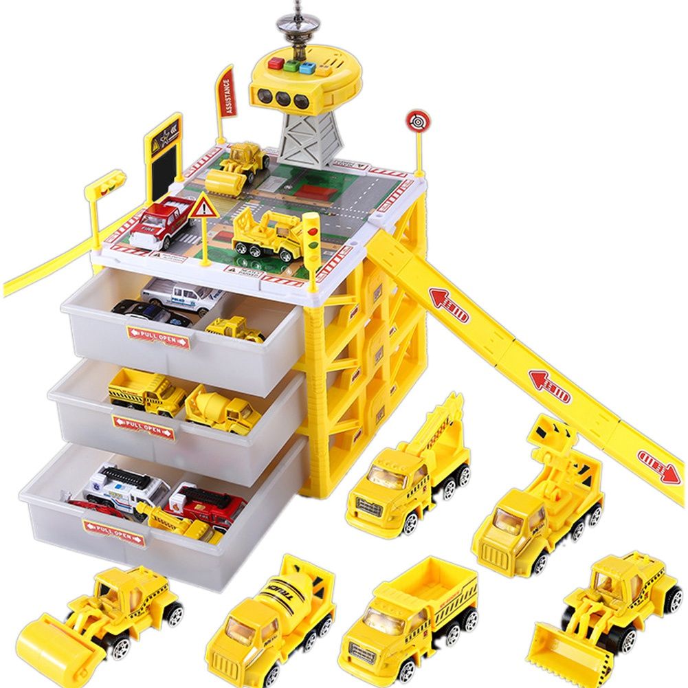 Multi-Functional with Signal Tower Mini Car Parking Lot Drawer Kids Toys Storage Box Case Novelty Gifts Children,Yellow
