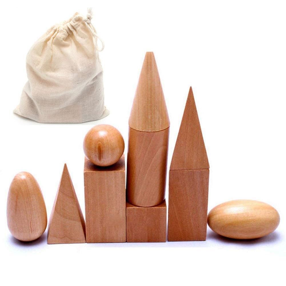 Montessori Wooden Geometric Solids 3-D Shapes Mystric Bag of Geometry Shapes Learning Education Math Toys