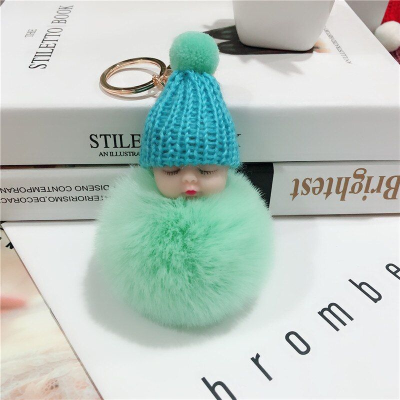 1pc Sleeping Baby Doll Pompoms Keychain Soft Fur Ball Pom Pom Key Chains Woman Bag Jewelry Accessories Plush Keychain Kawaii