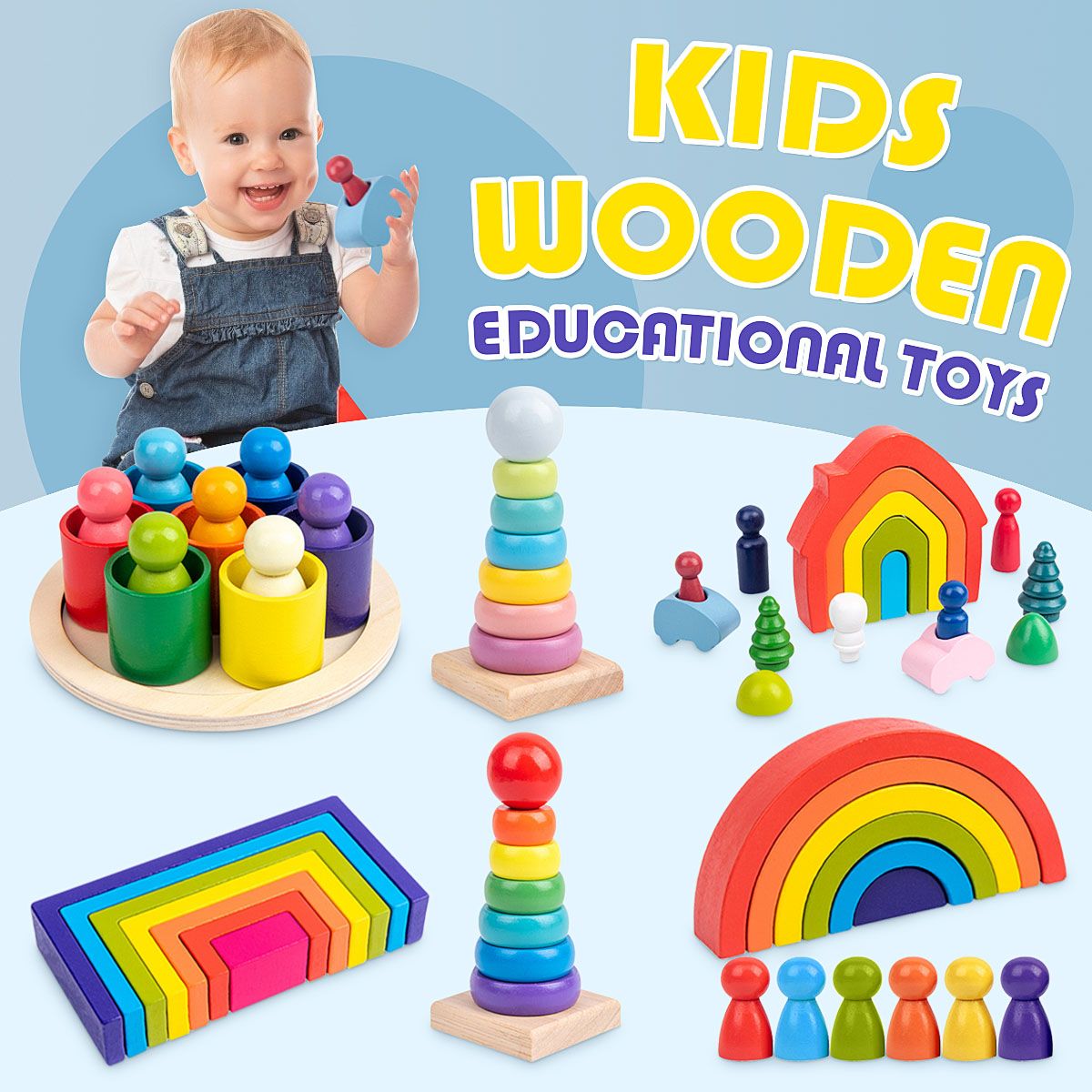 Amusing Kids Wooden Rainbow Stacking Blocks Fun Building Nesting Toys Educational Toys  Year Gift for Baby Child