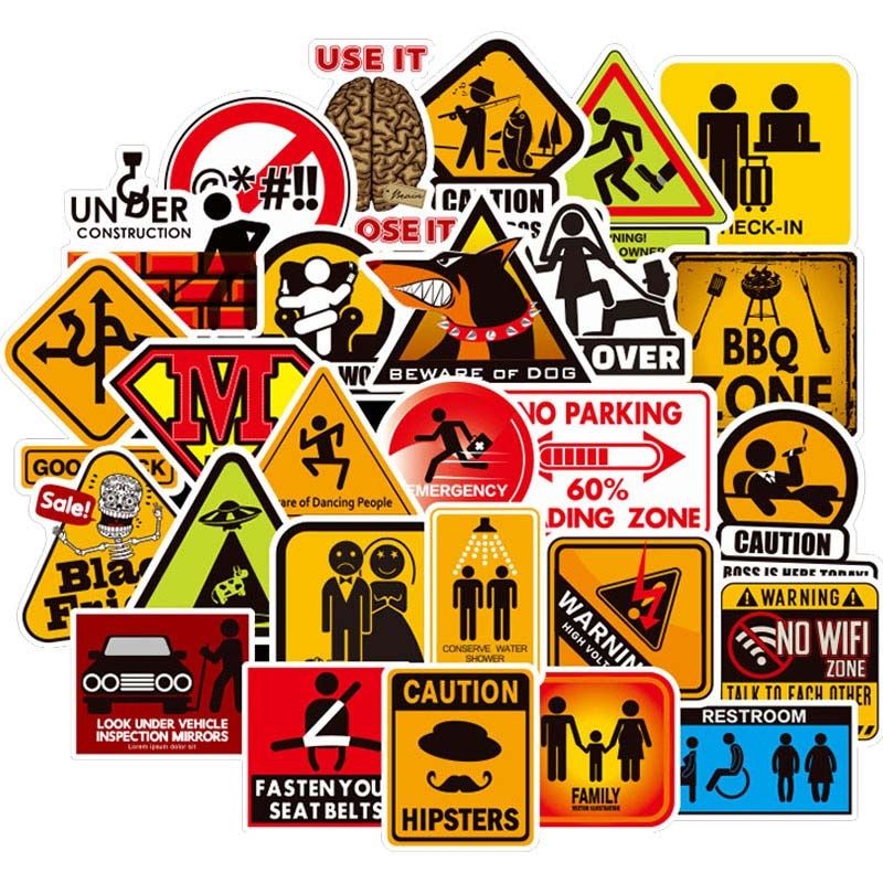50 pcs Warning Sign Stickers Danger Signs Reminder Decals Sticker to DIY Laptop Suitcase Guitar Fridge Bicycle Motorcycle Car