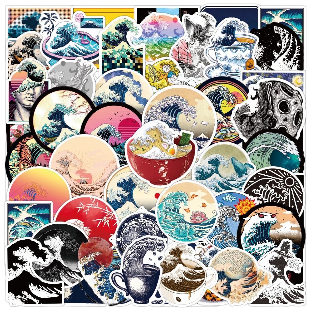 50pcs Waterproof Vintage Sea Wave Doodle Sticker Beach Wave Graffiti Stickers Outdoor Decal Scenery Luggage Skateboard Laptop