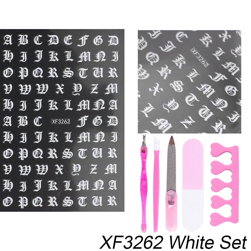 1set 3D Letter Nail Sticker Kit Golden Silver Black Curlycue Alphabet Self Adhesive Decal English Words Nail Art Slider GLXF3262