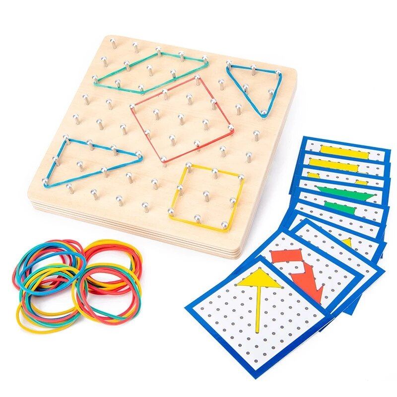 Montessori Toys Baby Creative Graphics Rubber Tie Nail Puzzle Boards with Cards Children Educational Wooden Toys Kids Preschool