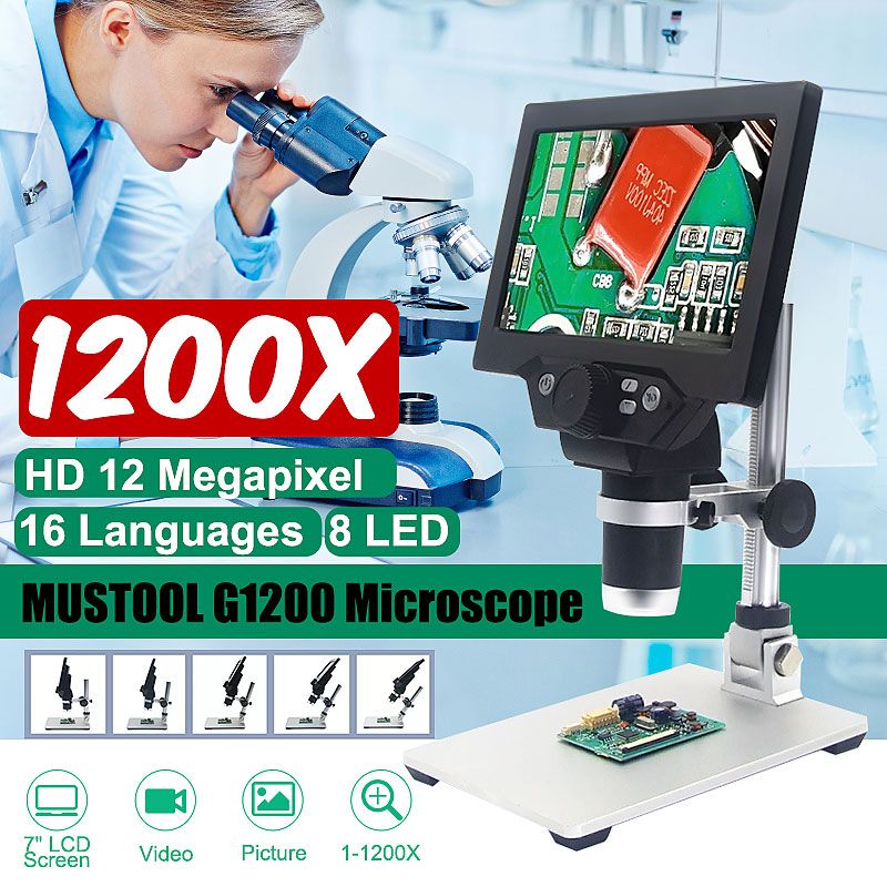 MUSTOOL G1200 Electronic Digital Microscope 12MP 7 Inch Large Base LCD Display 1-1200X Continuous Amplification Magnifier Tool