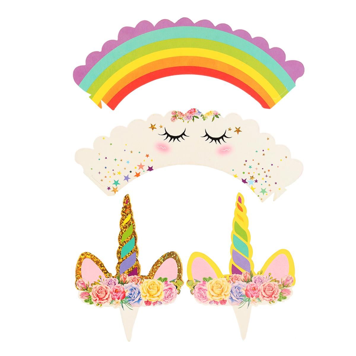 24x Unicorn Birthday Cup Cake Horn Topper Decorations Decorating Kit Rainbow UK -