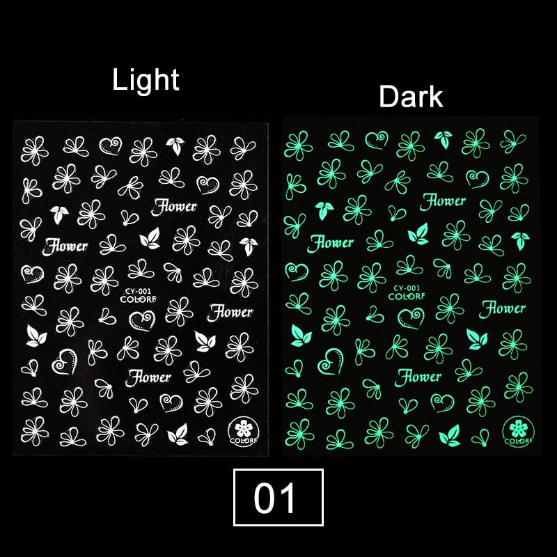 Luminous Effect Hallowee 3D Nail Sticker White Laser Leaf Flower Design Transfer Decals Slider Wraps Decoration Manicures