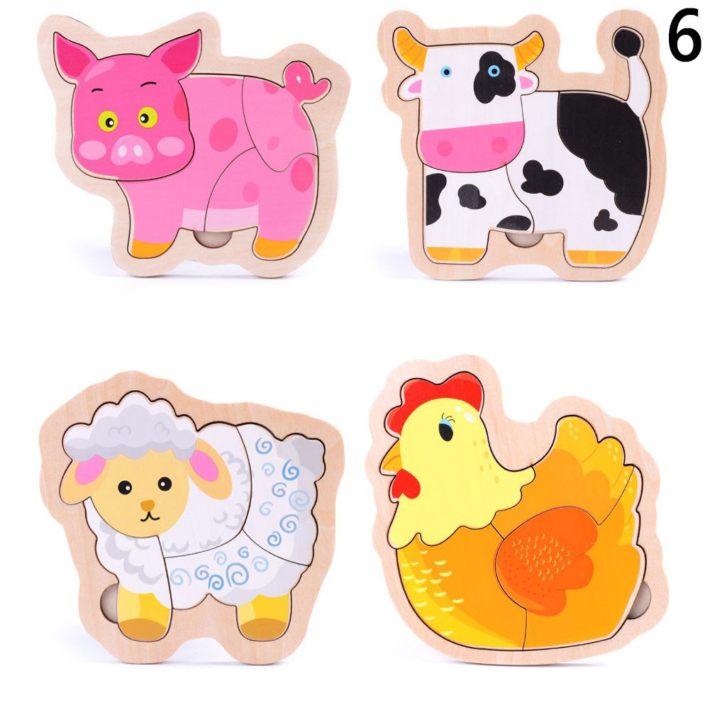 4Pcs Kids Wooden Cartoon Animal Fruit Vehicle 3D Jigsaw Puzzle Educational Toy