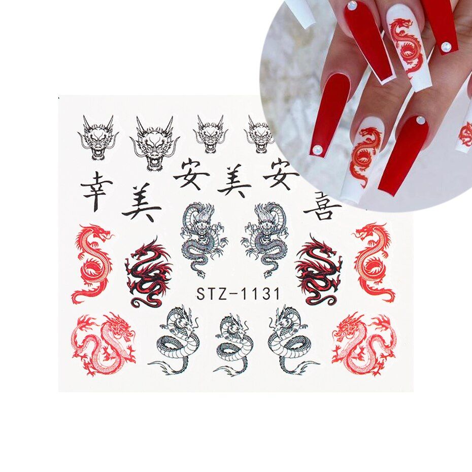 1/4pcs Red Black Dragon Nail Stickers Snake Angel Abstract Face Water Transfer Sliders For Nails Manicure Decor JISTZ1114-1137-1