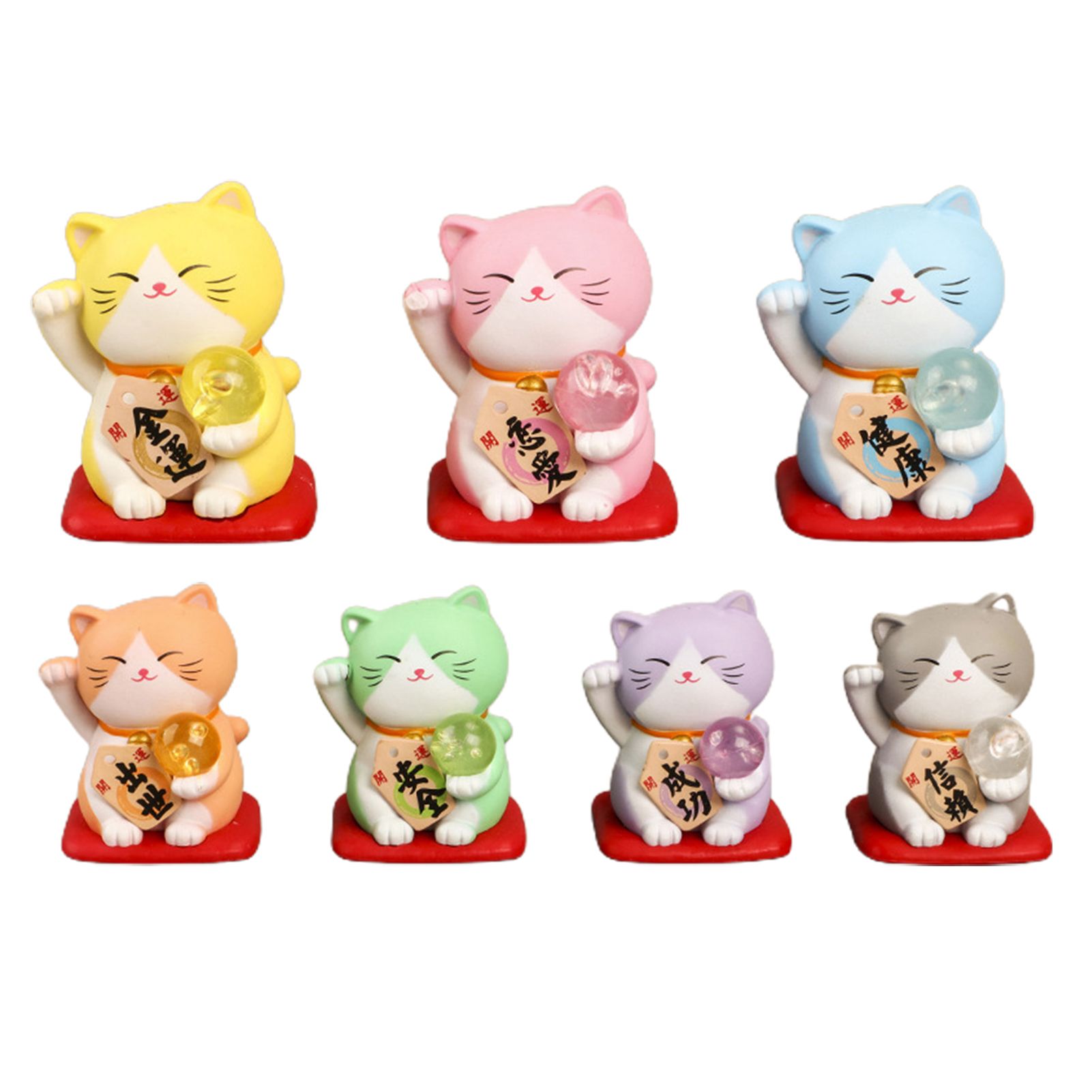 7Pcs Maneki Cat Figurines Rust-proof Fadeless Solid Japanese Smiley Waving Upright Cat Set for Girl