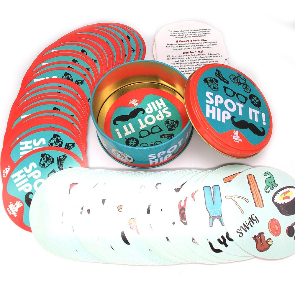 Iron Box 55 Cards Dobble Spot It Toy Sport Fun Family Animals Jr Hip Kids Board Game Gift Holidays Camping 123 Tin Gift Box