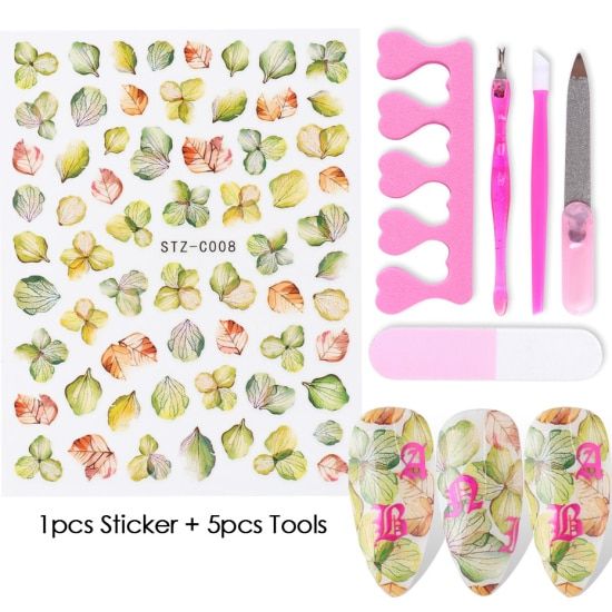 3D Flowers Nail Stickers Gradient Floral Leaf Butterfly Nail Art Adhesive Decals Sliders Nail Tools Manicure Kit TRSTZC01-11