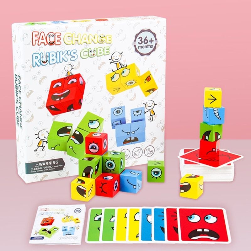 Wooden Expression Puzzles Building Block Magic Changing Kids Montessori Educational Toys Logical Thinking Gift