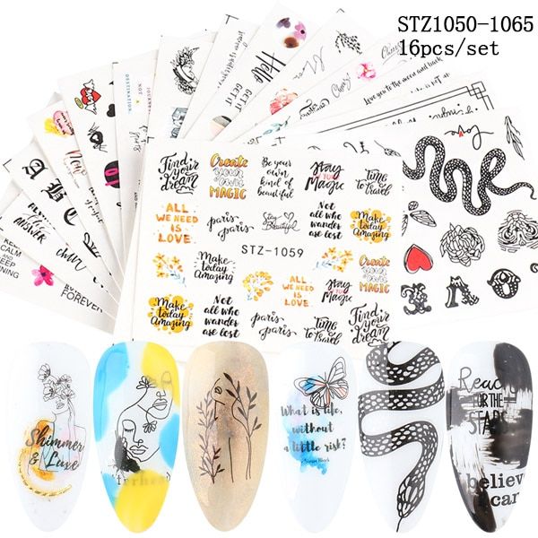 16PCS Nail Stickers Set Black Snake Letter Water Decal Nail Design 2020  Slider For Decoration Nail Accesoires LESTZ1050-1065