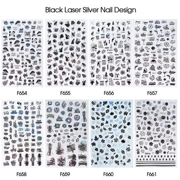 8pc Winter Nail Art Stickers Leaves Geometric 3D Adhesive Slider Nail Decoration Gold Black White Manicure Foil Set CHF654-661-2