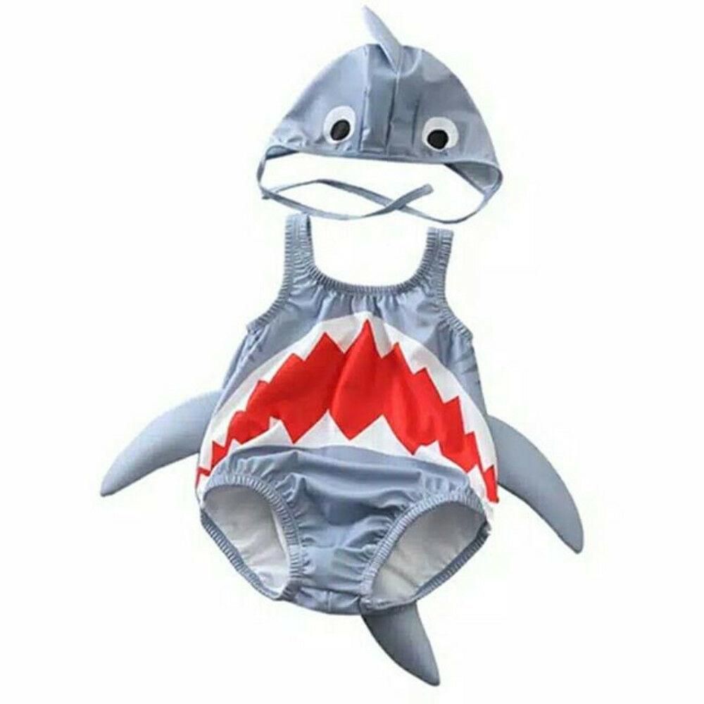 Toddler Baby Girl Boy Sleeveless Shark Romper Bodysuit Swimwear Hat Swimsuit