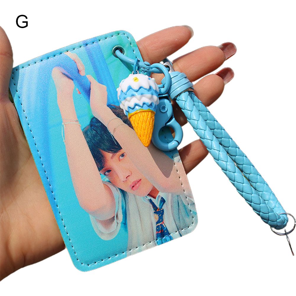 BTS Portrait Print ID Name Card Holder Faux Leather Lanyard Keyring Key Holder