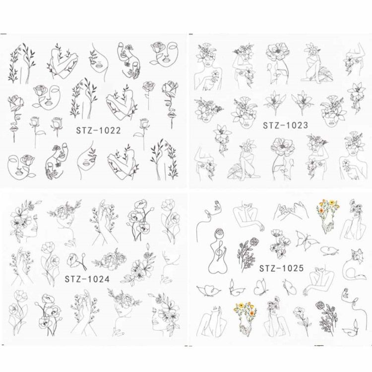 Women Face Nail Stickers Black Abstract Image Water Sliders Flower Leaf Foil Design Nail Decals Art Decorations NFSTZ1018-1033-1