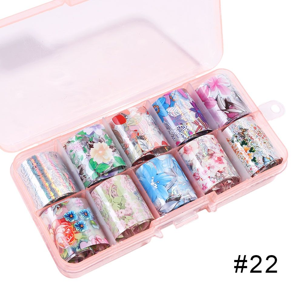 10 Roll Holographic Nail Foil Sticker Set Laser Flower Matte Transfer Foils Starry Decals Metal Design Nail Art Decoration JI943