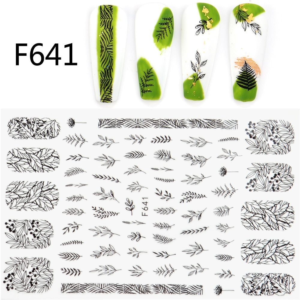YWK 1PC Stickers for Nails Designs White Black Flower Leaf Linear Manicure Sliders 3D Nail Art Decorations sticker Decal