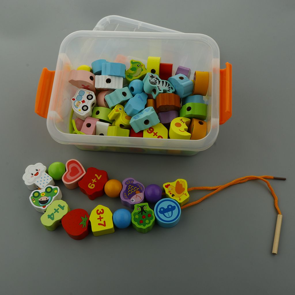 Wooden Blocks Lacing Beads Toy Puzzle Sorting Educational 65 Block Beads