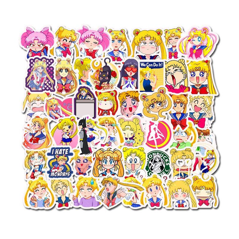 Japanese Anime Sailor Moon Cute Label Sticker Cartoon Cute Girl Scrapbook Decor PVC Stationery Scrapbooking Toys Stickers 50PCS