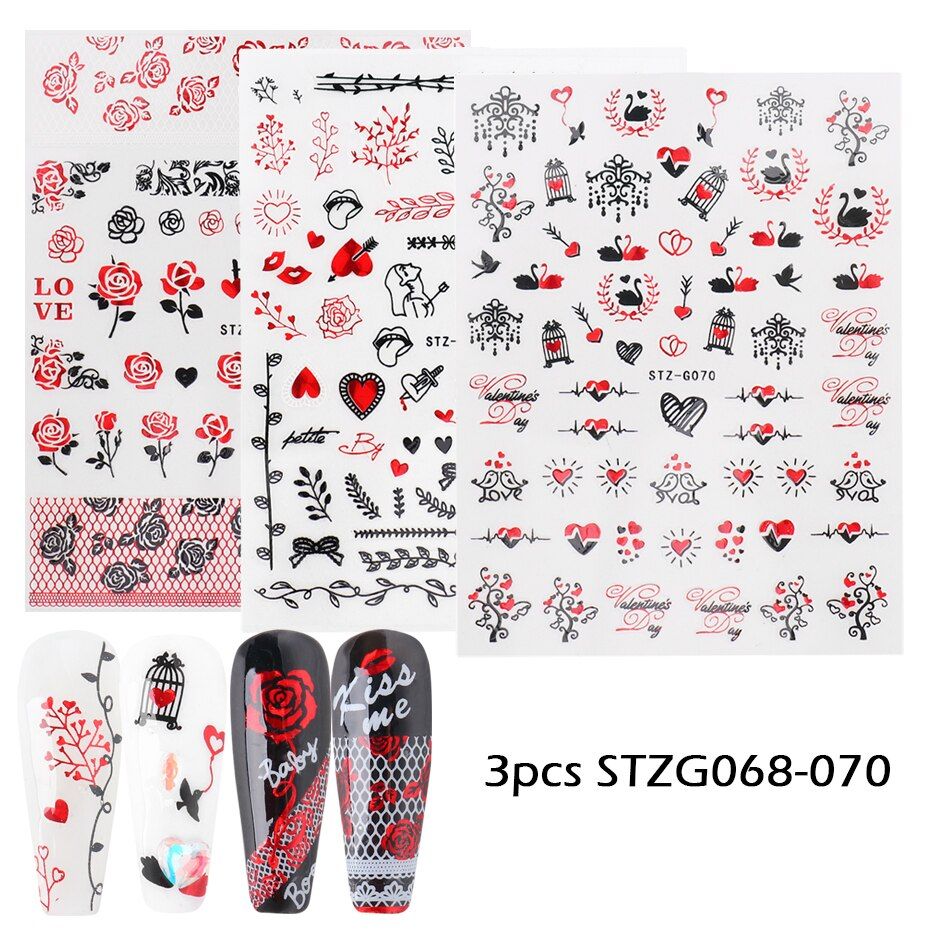 New Year Valentines Nail Stickers Sexy Black White Lace Rose Slider For Nails 3D Decorative Paper Decal Manicure LESTZG068-085