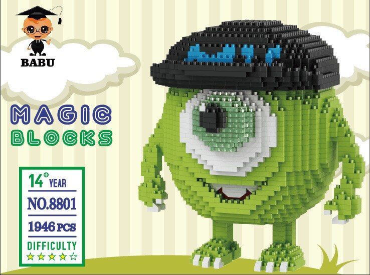 BABU cartoon mike Monster university animal Three eye Alien  kids plastic building block action figures boy educational toy 8809