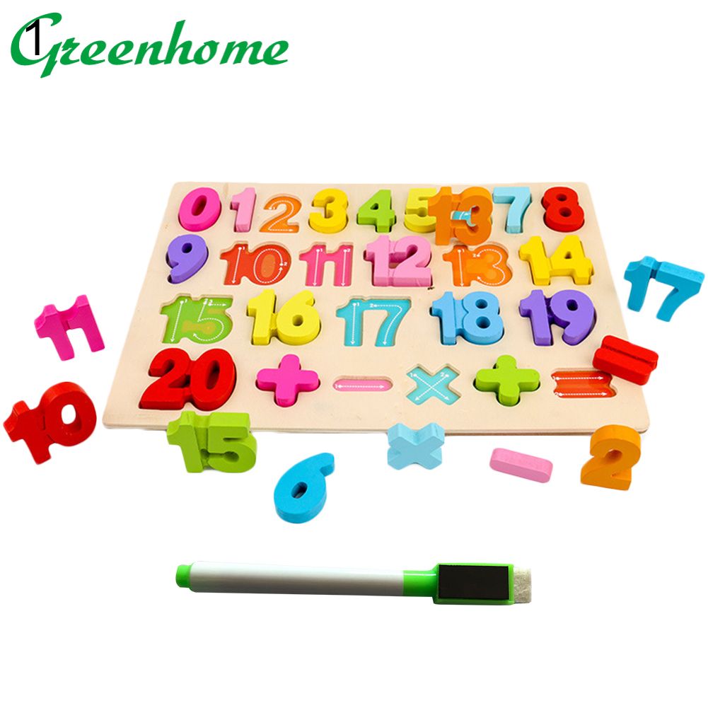Greenhome Wooden Alphabet Math Number Puzzles Board with Writing Pen Educational Kids Toy