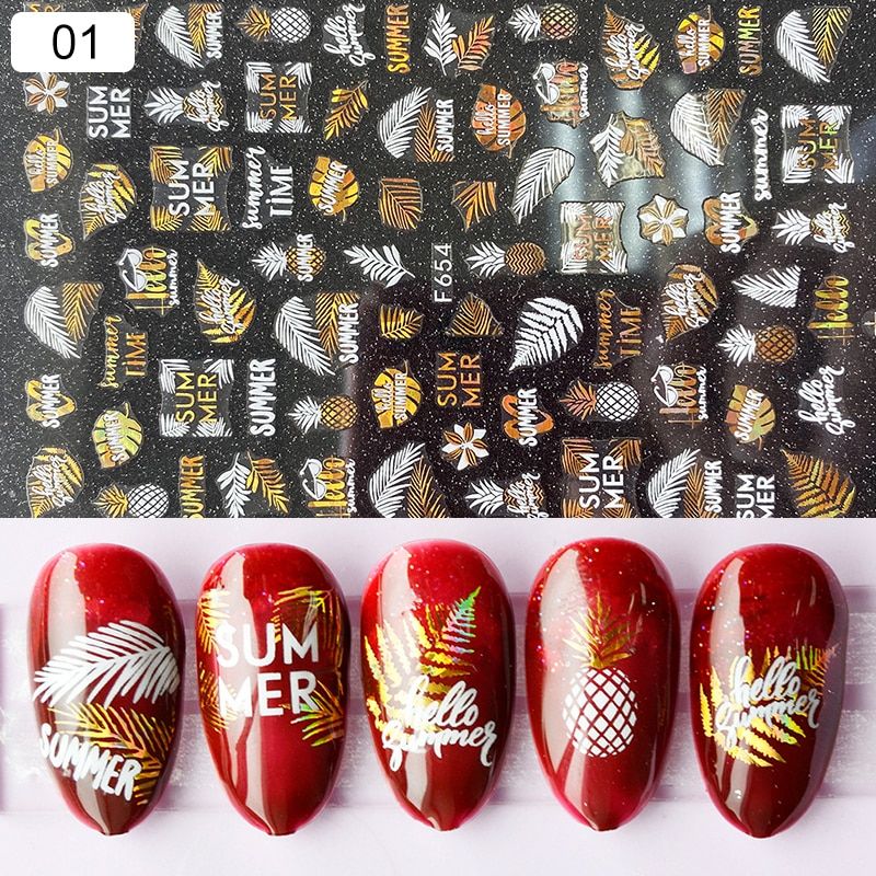 Holographics Nail Sticker 3D Laser leave Summer Theme Black Gold Transfer Beautiful Decals Decoration DIY Nail Art Accessories