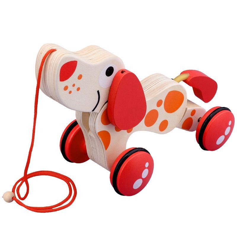 Wooden Pull Toy Wooden Car Child Toddler Toy Wooden Cartoon Puppy Toy Car Hauling Car