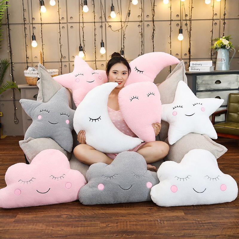 Plush Sky Pillows Sleeping Smile Cloud Star Water Drop Moon Cushion Room Cot Decor Nature Pillow White Pink Grey