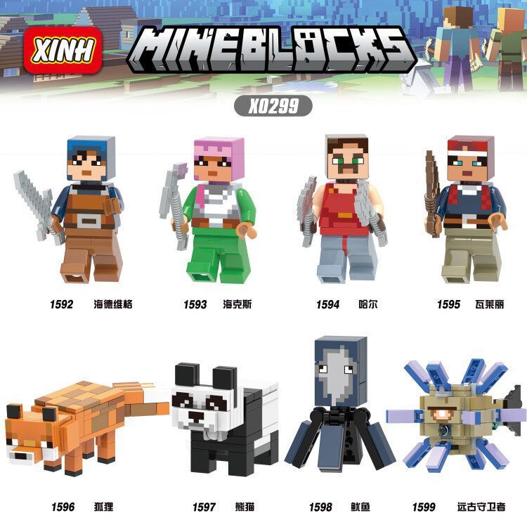 8pcs/set Minecraft Figures Building Fox Villager Squid Panda Blocks Bricks For Children Gift Toys X0299