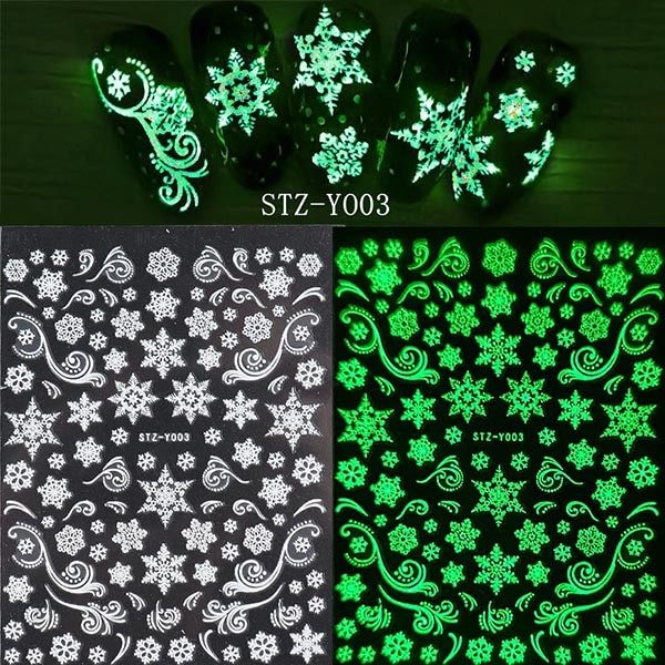 Luminous Christmas Glow In Dark 5D Sliders For Nails Winter Green Light Stickers On Nails Snowflakes Polish Decals LESTZY001-009