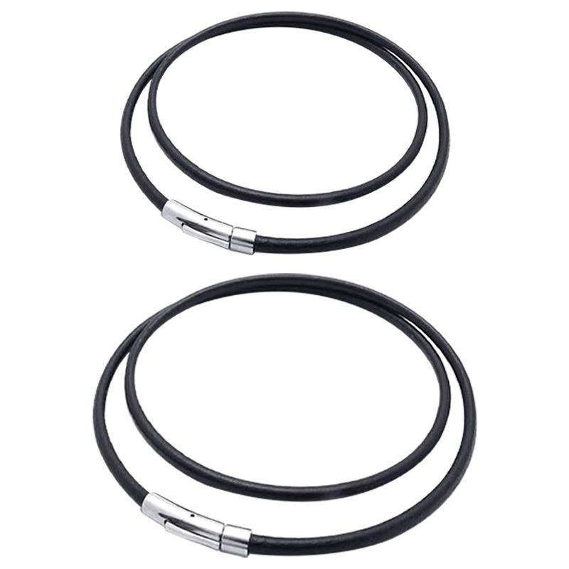 2 Pcs Jewelry Men's Necklace - Chain - 3mm Cord - Leather - Stainless Steel - for Men - Color Black Silver - with Gift Bag - 45cm & 55cm