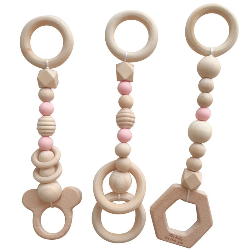 3Pcs Nordic Cartoon Solid Wood Fitness Rack Pendant Children Room Decoration Baby Infants Ring-Pull Toy Hanging Pink