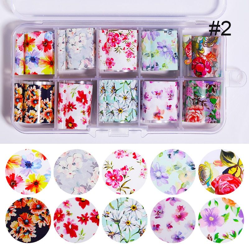 10Colors Nail Art Transfer Foil Stickers Paper Retro Colorful Flower Adhesive Decals Wrap Slider Tape Nail Decoration
