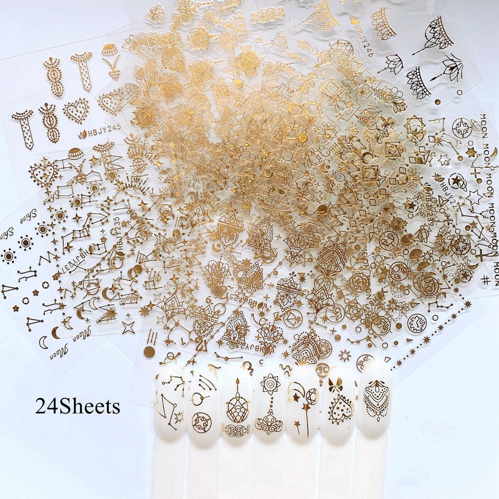 24sheets Nail Art 3D Sticker sheets Gold and Black Star and Moon Series Lace series 50002/50003
