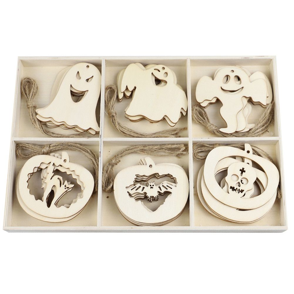 18Pcs/Set Wooden Handmade Skull Ghost Shape Pendants Halloween Gift Home Decor