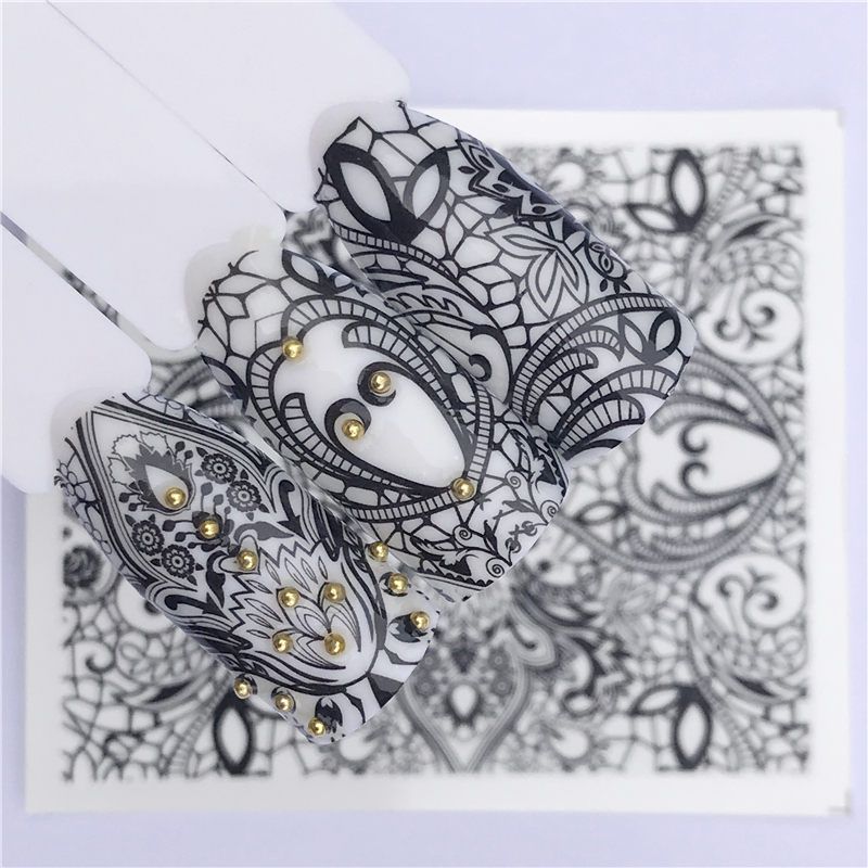 Nails Water Transfer Nail Art Stickers Decals Black Lace Flowers Design DIY French Manicure Foils Stamp Tools