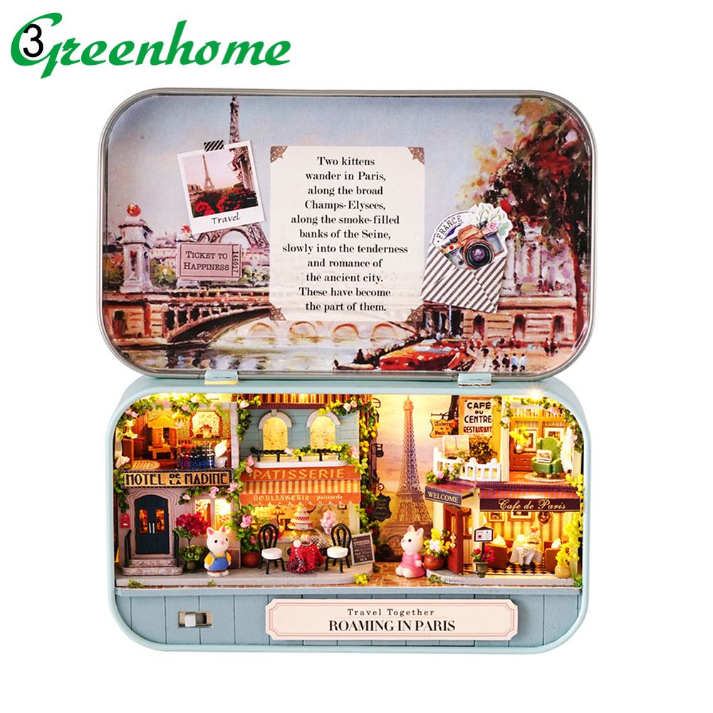 Greenhome DIY Assemble LED Garden Paris Box Doll House Kit Mini Art Handicraft Kids Toy