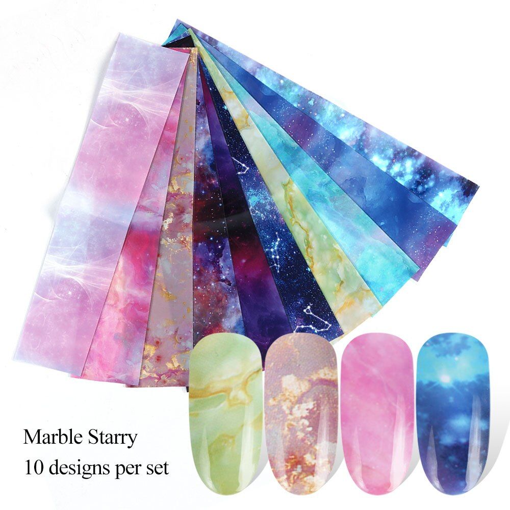 10pcs Marble Designs Nail Art Transfer Foils Holographic Starry Sky Adhesive Wraps Manicure Decorations Nail Accessories NF1802