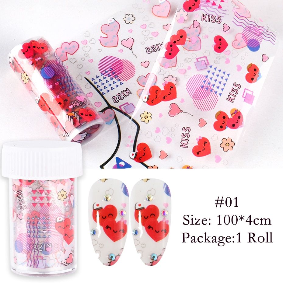 Colorful Rose Flowers Stickers On Nails Mix Heart Letter Transfer Foil Paper Decoration Nail Art Decals Manicure Design JIB109