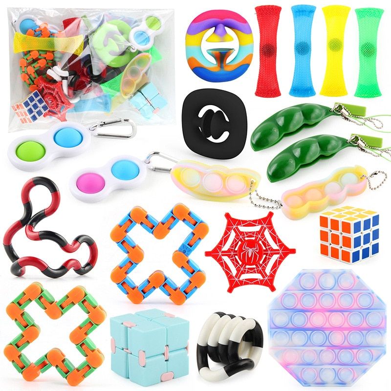 Mksafn 20pcs Anxiety Stress Relief Wacky Tracks Snake Twist Pea Cube Simple Dimple Push Pop Bubble Sensory Fidget Toys Set
